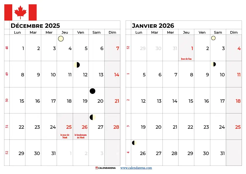 Calendrier Décembre 2025 Janvier 2026 À Imprimer Canada