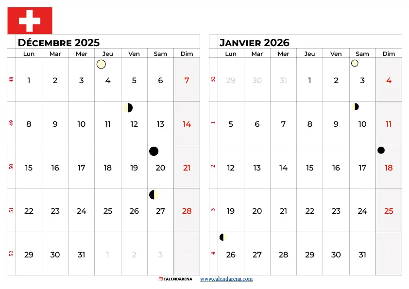 Calendrier Décembre 2025 Janvier 2026 À Imprimer Suisse