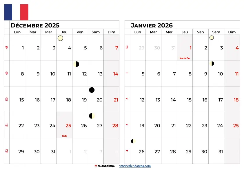 Calendrier Décembre 2025 Janvier 2026 À Imprimer