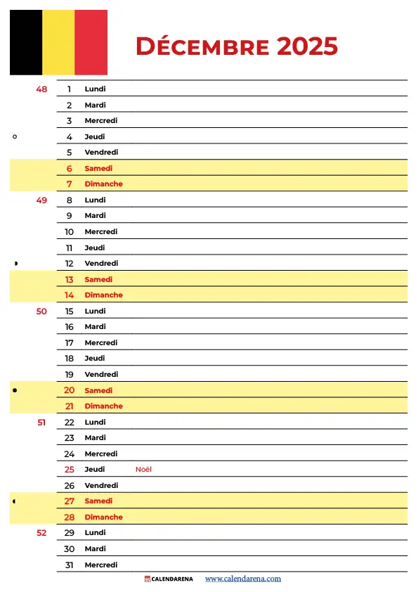 Calendrier Du Mois De Décembre 2025 Belgique