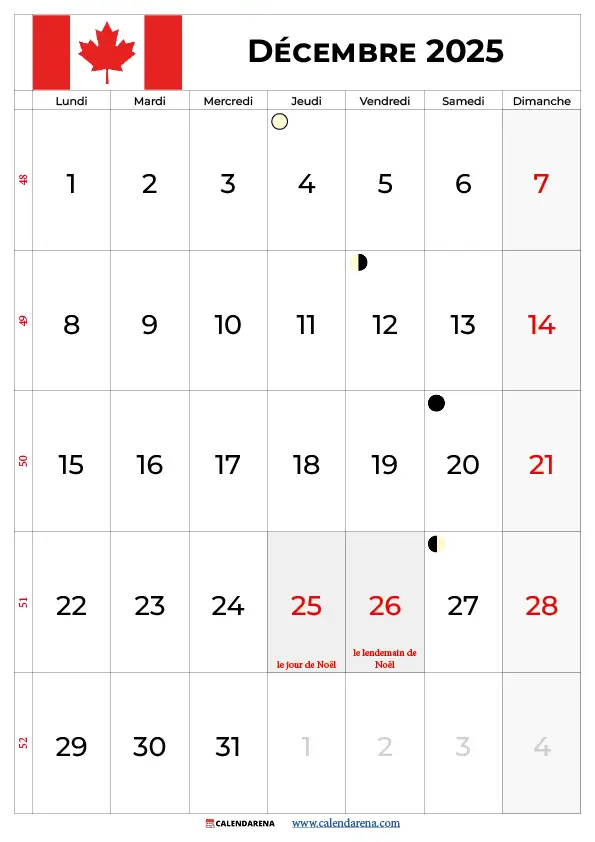 Décembre 2025 Calendrier Canada