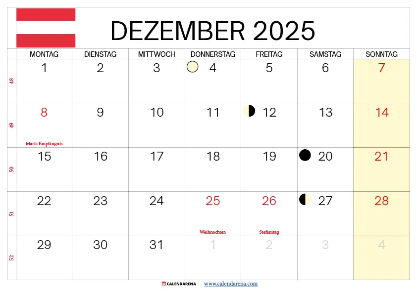Dezember 2025 Kalender Österreich