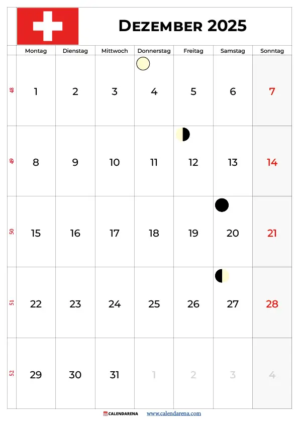 Dezember 2025 Kalender Schweiz