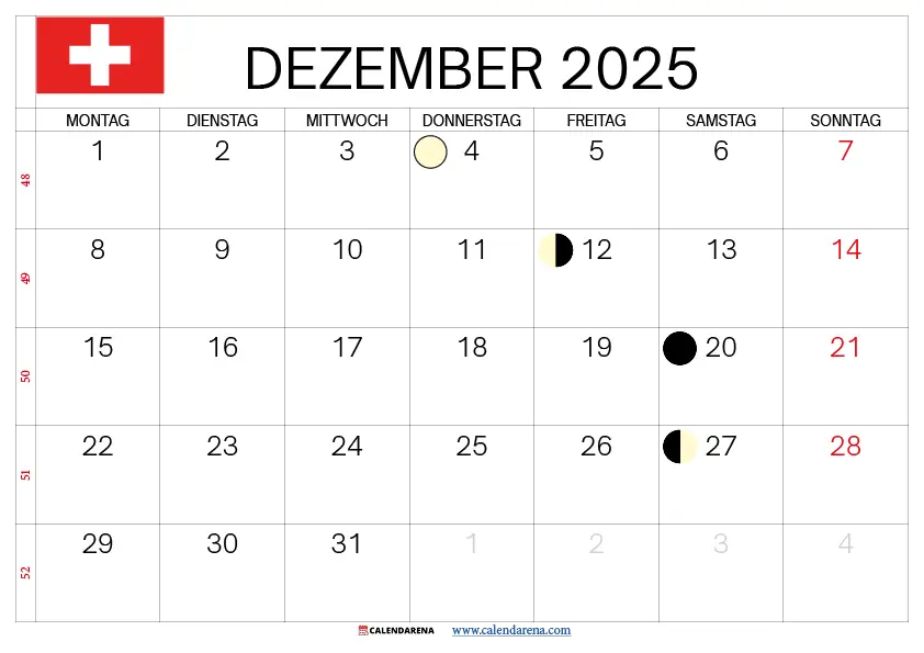 Dezember Kalender 2025 Schweiz