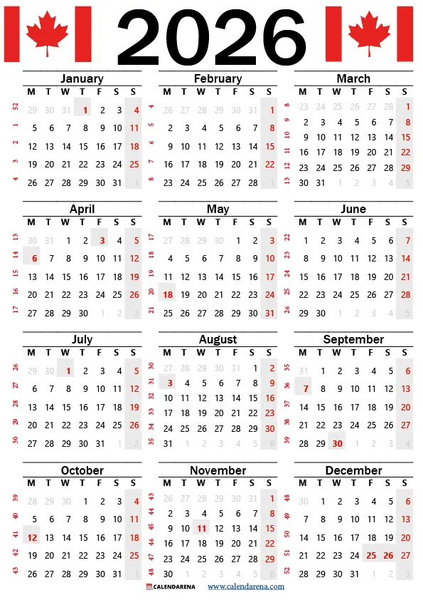Free Printable 2026 Calendar With Canadian Holidays