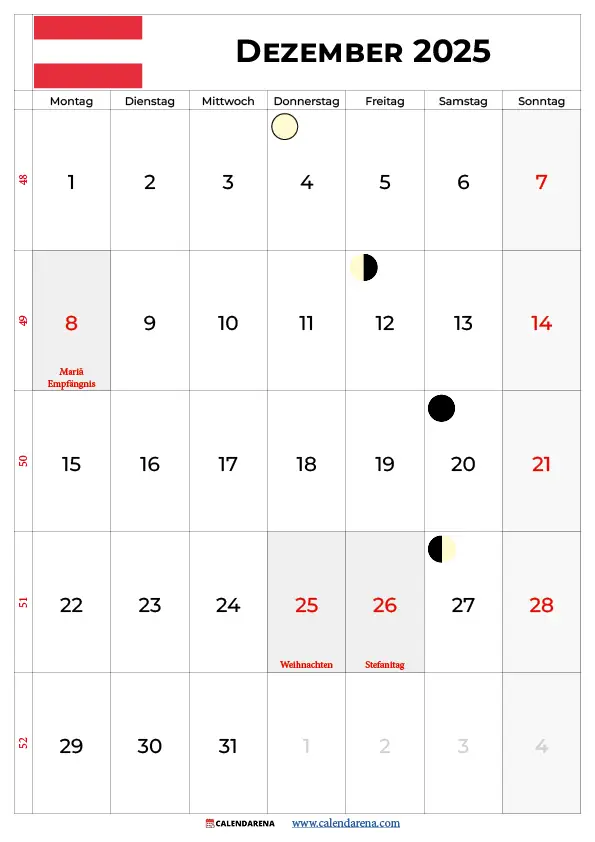 Kalender 2025 Dezember Österreich