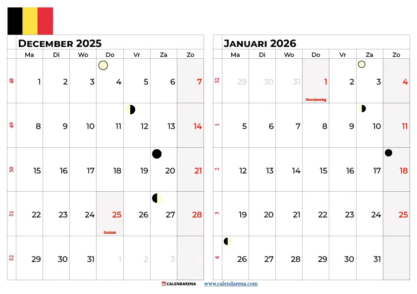 Kalender December 2025 Januari 2026 België
