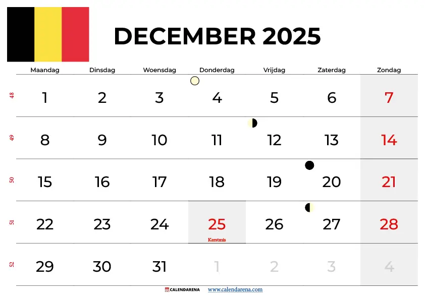 Kalender December 2025 Met Weeknummers België