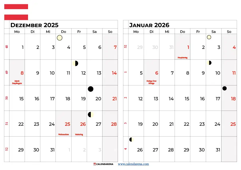 Kalender Dezember 2025 Januar 2026 Österreich