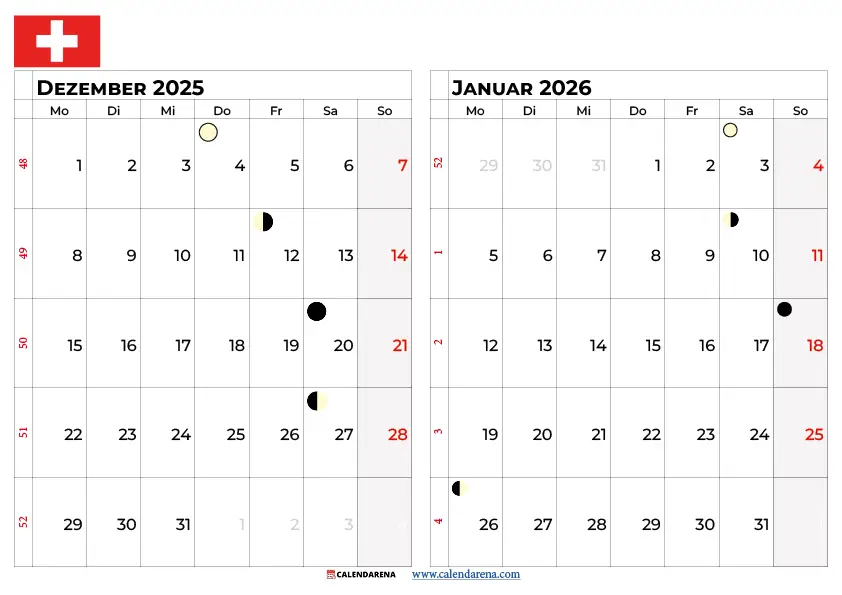 Kalender Dezember 2025 Januar 2026 Schweiz
