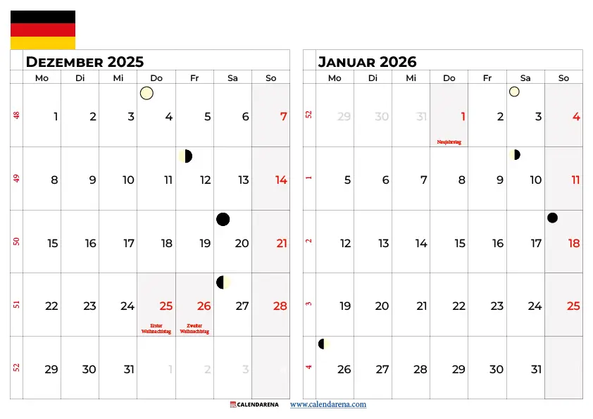 Kalender Dezember 2025 Januar 2026