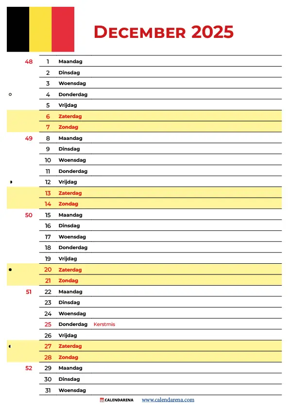 Maandkalender December 2025 België