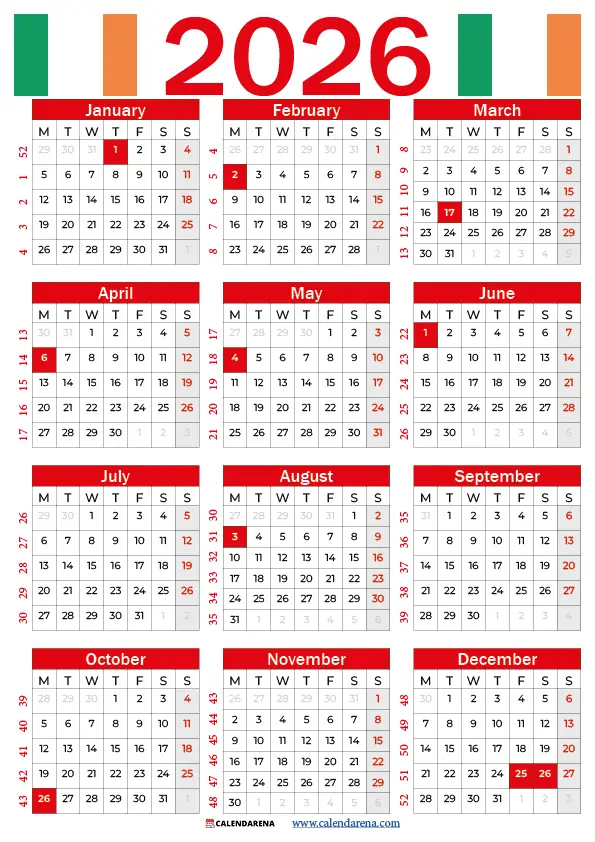 Printable Calendar 2026 Ireland
