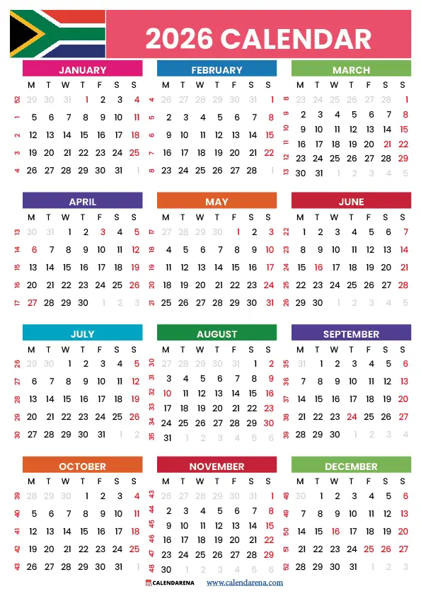South African Calendar 2026