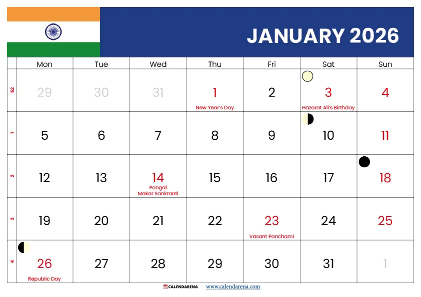 2026 January Calendar India
