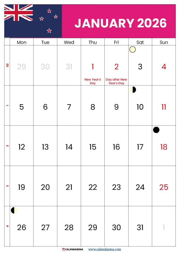 2026 January Calendar Nz