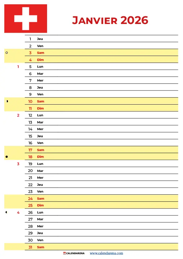 Agenda Janvier 2026 À Imprimer Suisse