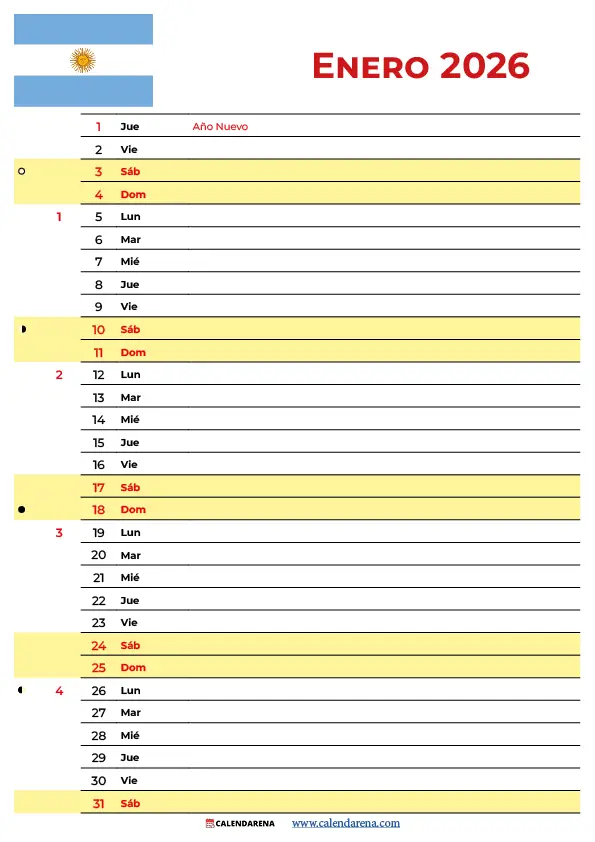 Almanaque Enero 2026 Argentina