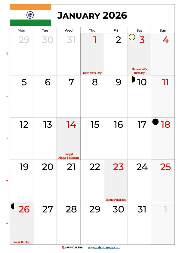 Calendar 2026 January India