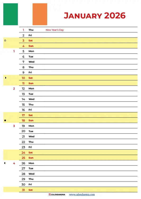 Calendar 2026 January Ireland