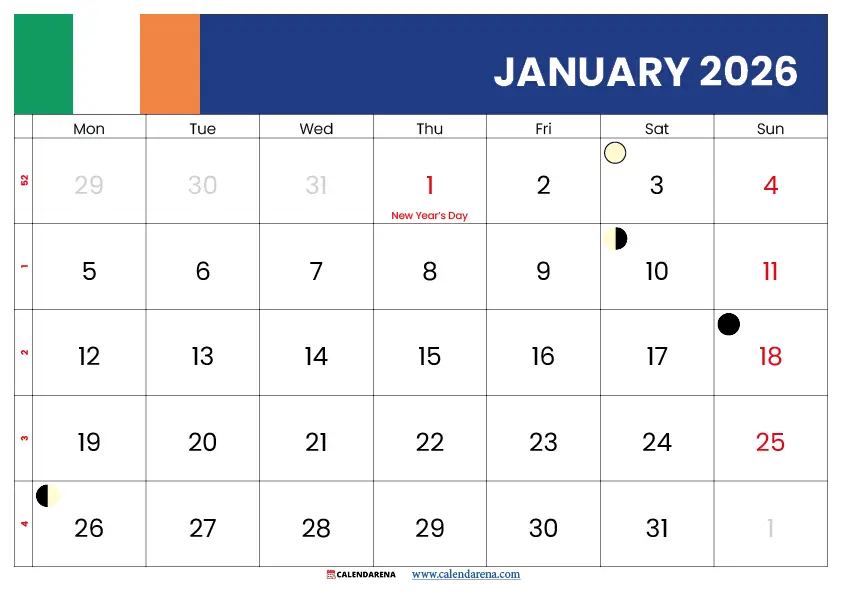 Calendar January 2026 Ireland