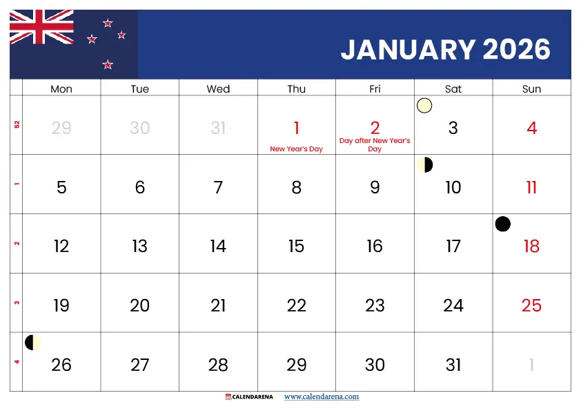 Calendar January 2026 Nz