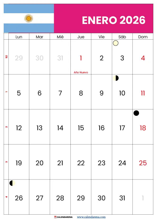 Calendario 2026 Enero Argentina