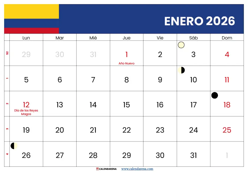 Calendario 2026 Enero Colombia