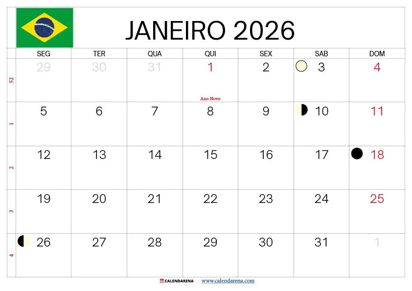 Calendário 2026 Janeiro Brasil