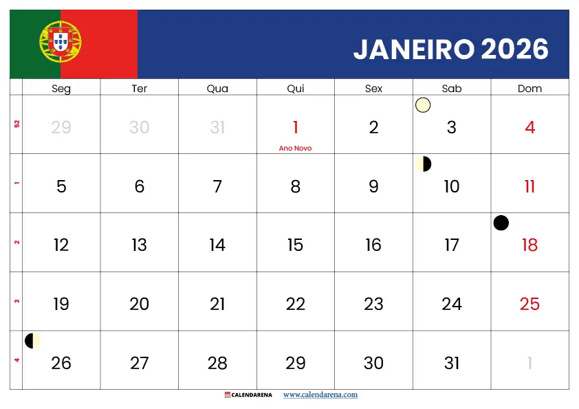 Calendário 2026 Janeiro Portugal