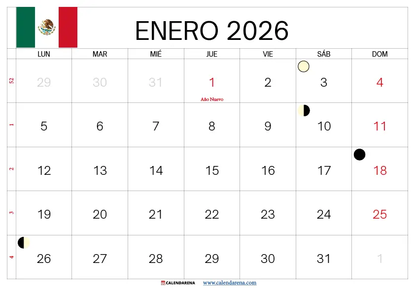 Calendario De Enero 2026 México