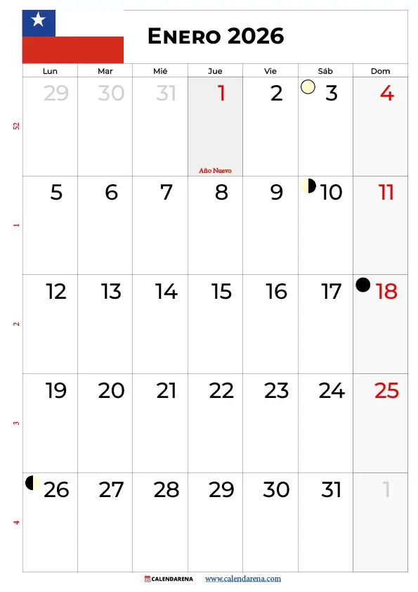 Calendario Enero 2026 Chile Para Imprimir