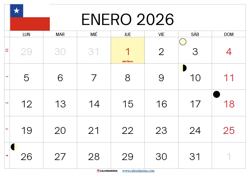 Calendario Enero 2026 Para Imprimir Chile