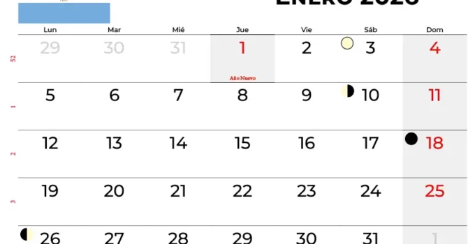 Calendario Enero 2026 Argentina