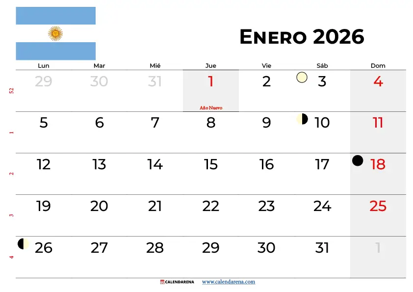 Calendario Enero 2026 Argentina
