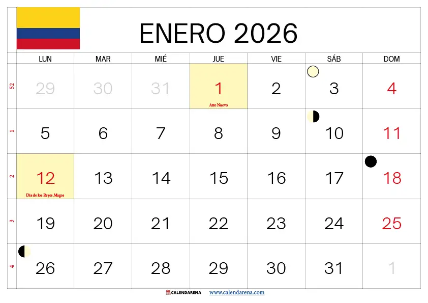 Calendario Enero 2026 Colombia Con Festivos