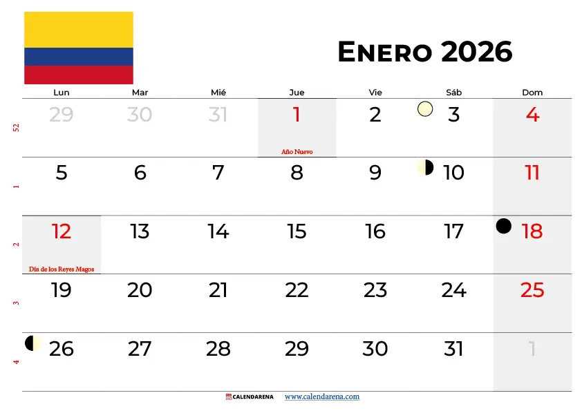 Calendario Enero 2026 Colombia