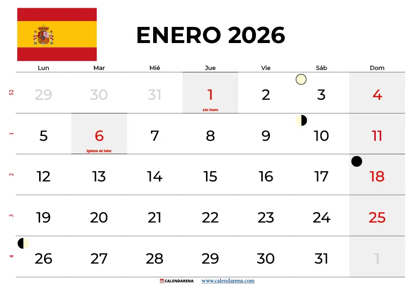 Calendario Enero 2026 España
