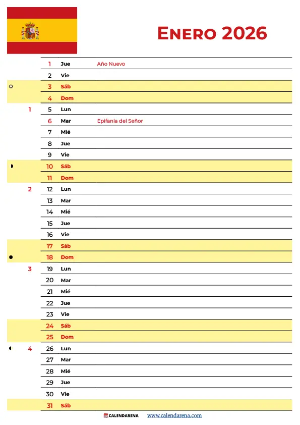 Calendario Enero 2026 Imprimir España