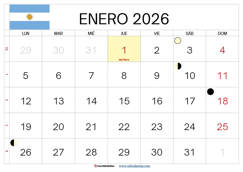 Calendario Enero 2026 Para Imprimir Argentina