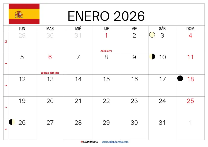 Calendario Enero 2026 Para Imprimir España