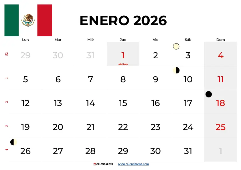 Calendario Enero 2026 Para Imprimir México