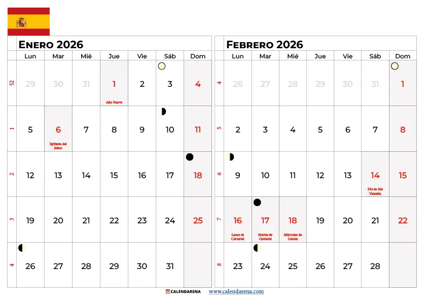Calendario Enero Febrero 2026 España