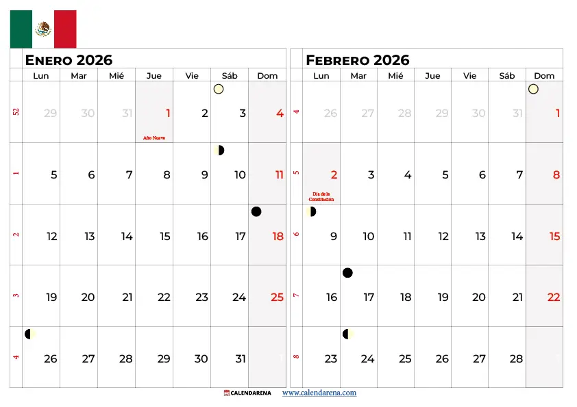 Calendario Enero Febrero 2026 México