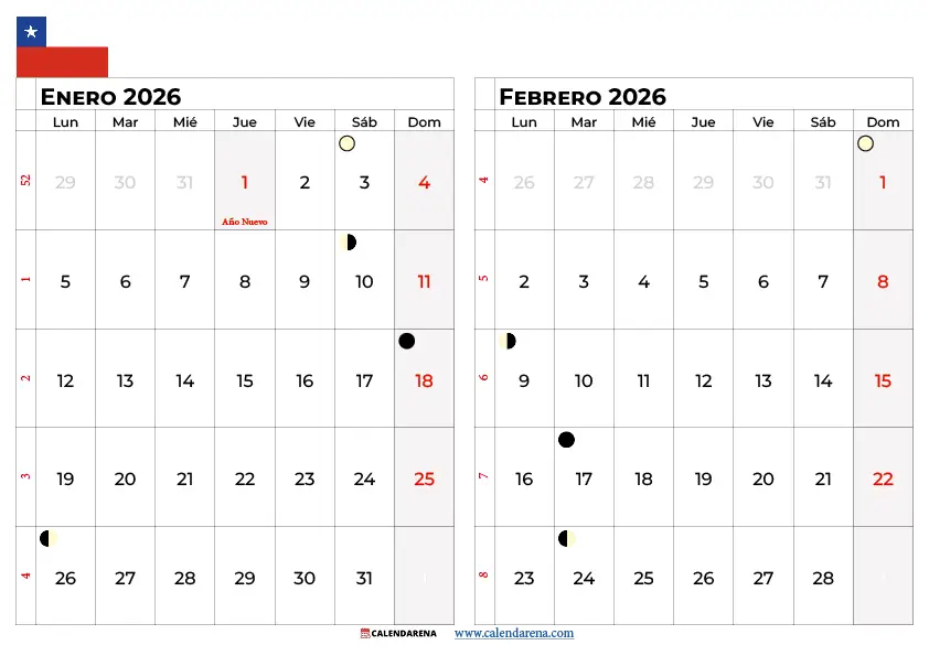 Calendario Enero Y Febrero 2026 Chile