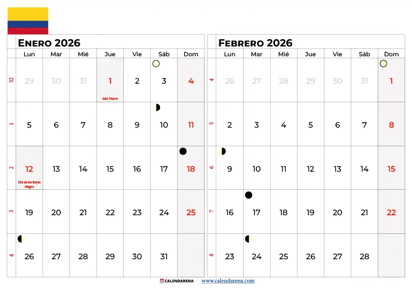 Calendario Enero Y Febrero 2026 Colombia