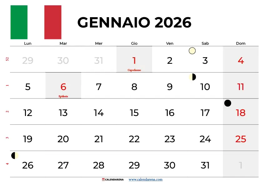 Calendario Gennaio 2026 Con Festività