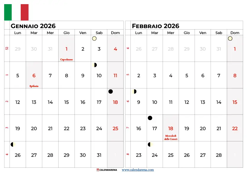 Calendario Gennaio Febbraio 2026