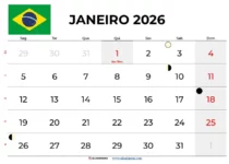 Calendário Janeiro 2026 Brasil