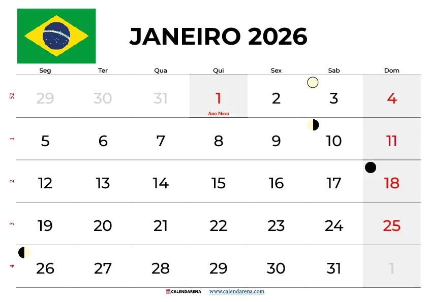 Calendário Janeiro 2026 Brasil
